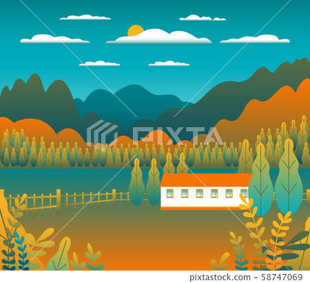 Hills and mountains landscape, house farm in flat 58747069