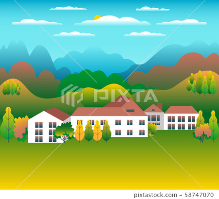 Hills and mountains landscape, house farm in flat Hills and mountains landscape, house farm in flat 58747070
