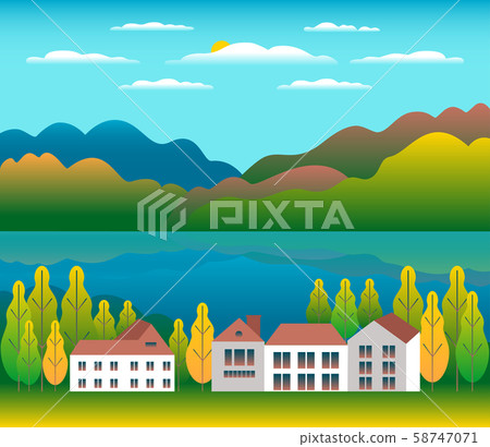 Hills and mountains landscape, house farm in flat Hills and mountains landscape, house farm in flat 58747071