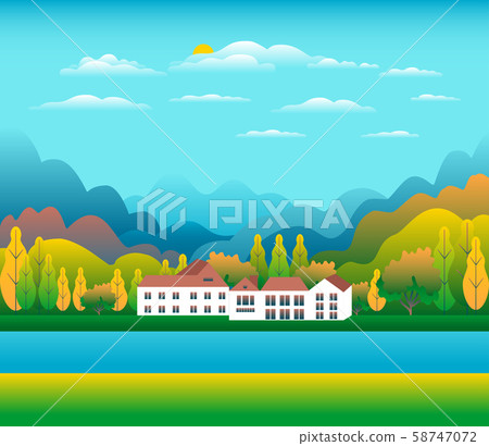 Hills and mountains landscape, house farm in flat Hills and mountains landscape, house farm in flat 58747072