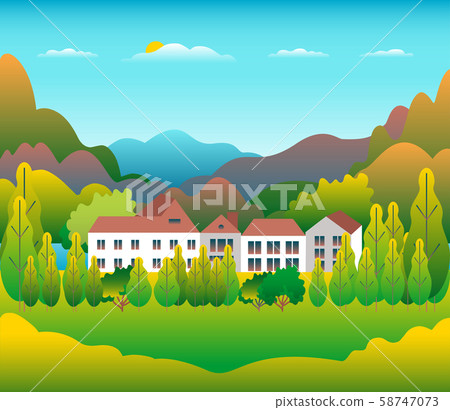 Hills and mountains landscape, house farm in flat Hills and mountains landscape, house farm in flat 58747073