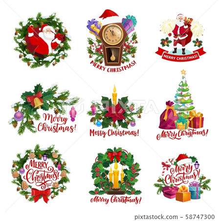 Christams icons with Santa, gifts, New Year wreath Christams icons with Santa, gifts, New Year wreath 58747300