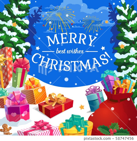 Christmas gifts, Santa bag and Xmas tree in snow 58747456