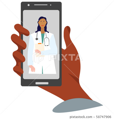 Hand holding smartphone with female virtual doctor. Telemedicine cartoon flat. Medical information assistance via internet. Mobile device. Vector Illustration. Hand holding smartphone with female virtual doctor. Telemedicine cartoon flat. Medical information assistance via internet. Mobile device. Vector Illustration. 58747906
