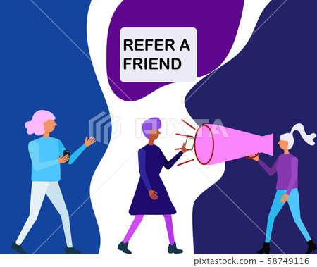 Trendy colour concept of word of mouth advertising refer a friend. Woman shout in a megaphone refer a friend and people come with a friend. For landing page, user interface, web, mobile app, poster, b Trendy colour concept of word of mouth advertising refer a friend. Woman shout in a megaphone refer a friend and people come with a friend. For landing page, user interface, web, mobile app, poster, b 58749116