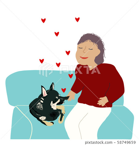 Young girl happily smiling with her favourite chihuahua on sofa. Female spending time at home with her domestic animals. Hearts doodle for happy pet owner. Flat cartoon vector illustration. Young girl happily smiling with her favourite chihuahua on sofa. Female spending time at home with her domestic animals. Hearts doodle for happy pet owner. Flat cartoon vector illustration. 58749659