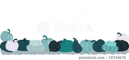 Horisontal banner with blue pumpkins variety on white background. Fall and winter harvest blue green squashes. Vector Illustration. 58749676