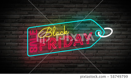 Black Friday label sale tag shiny neon lamps sign glow on black brick wall. colorful sign board for Black Friday sale promotion and advertising 58749799