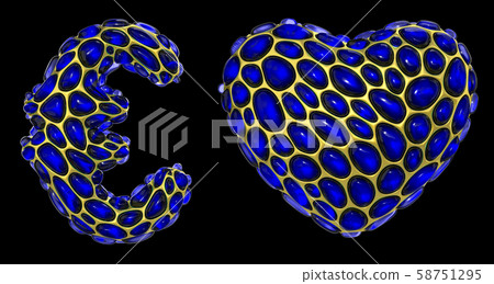 Symbol collection euro, heart made of 3d render blue diamond. 58751295