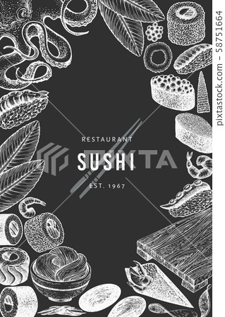 Japanese cuisine design template. Sushi hand drawn - Stock Illustration ...
