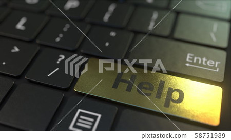 Black computer keyboard and gold help key. Conceptual 3D rendering Black computer keyboard and gold help key. Conceptual 3D rendering 58751989
