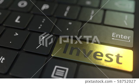 Black computer keyboard and gold invest key. Conceptual 3D rendering Black computer keyboard and gold invest key. Conceptual 3D rendering 58752027