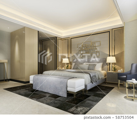 3d rendering beautiful classic luxury bedroom suite in hotel with tv 3d rendering beautiful classic luxury bedroom suite in hotel with tv 58753504