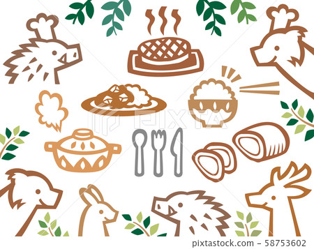Forest animals restaurant cutout style illustration set (cute, line drawing) 58753602
