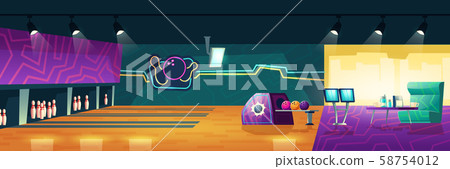 Bowling club interior with alleys, balls, pins 58754012