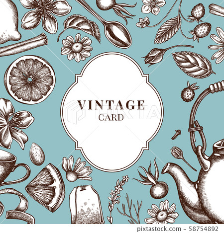 Badge over design with cinnamon, lemons, oranges, tea bag, sugar cubes, heather, chamomile, dog rose 58754892