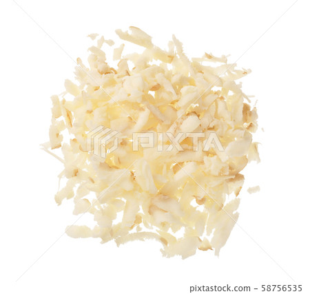 Parsnip root grated isolated on white background closeup. Top view. Flat lay Parsnip root grated isolated on white background closeup. Top view. Flat lay 58756535