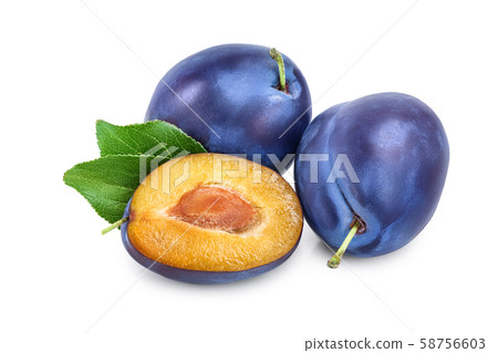 fresh blue plum and half with leaves isolated on white background fresh blue plum and half with leaves isolated on white background 58756603