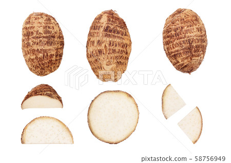 fresh taro root isolated on white background. Top view. Flat lay, Set or collection fresh taro root isolated on white background. Top view. Flat lay, Set or collection 58756949