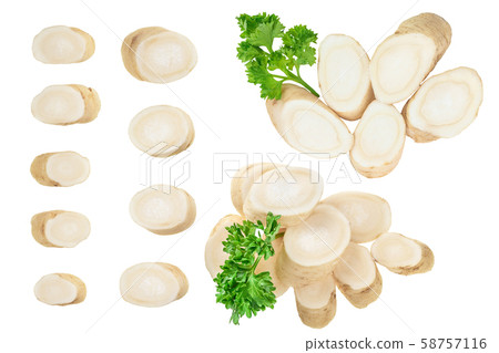 Parsley root slices isolated on white background. Top view. Flat lay, Set or collection Parsley root slices isolated on white background. Top view. Flat lay, Set or collection 58757116