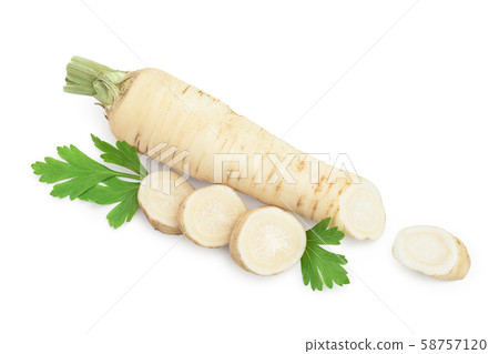 Parsley root with slices and leaves isolated on white background 58757120