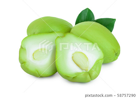 fresh Chayote vegetable or mexican cucumber with leaf isolated on white background fresh Chayote vegetable or mexican cucumber with leaf isolated on white background 58757290