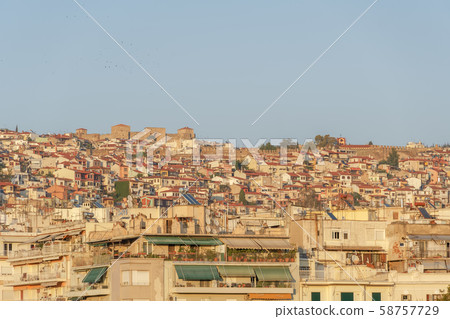 Thessaloniki, Greece Upper Town called Ano Poli golden hour view. Thessaloniki, Greece Upper Town called Ano Poli golden hour view. 58757729