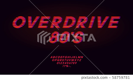 Retrowave synthwave red font design in the style of 1980s. Striped english letters, numbers and 58759781