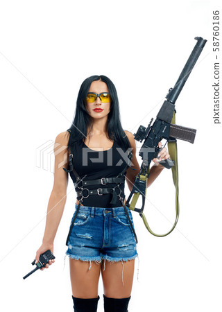 Girl with red lips in yellow glasses working as spy. Girl with red lips in yellow glasses working as spy. 58760186