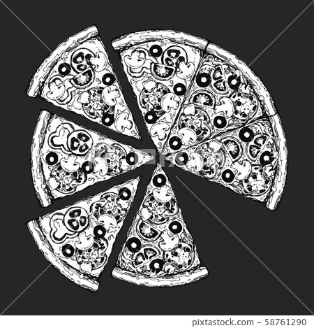Pizza slice drawing. Hand drawn pizza illustration. Great for menu, poster or label. Pizza slice drawing. Hand drawn pizza illustration. Great for menu, poster or label. 58761290