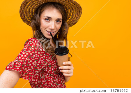 half-length portrait of brunette with a cup of coffee half-length portrait of brunette with a cup of coffee 58761952