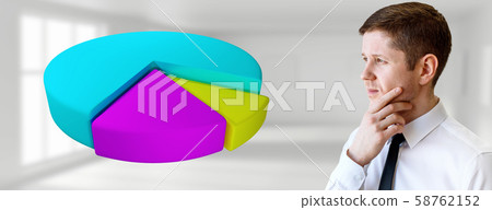 Thoughtful businessman looks on colorful pie graph in the air. Thoughtful businessman looks on colorful pie graph in the air. 58762152