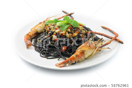 Black Spaghetti Spicy Food Served with Grilled 58762961