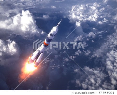 Russian Carrier Rocket Launch In The Clouds. 3D Illustration. 58763904