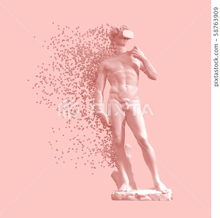 Digital Disintegration Of Sculpture David With VR Glasses On Pink Background. 3D Illustration. 58763909