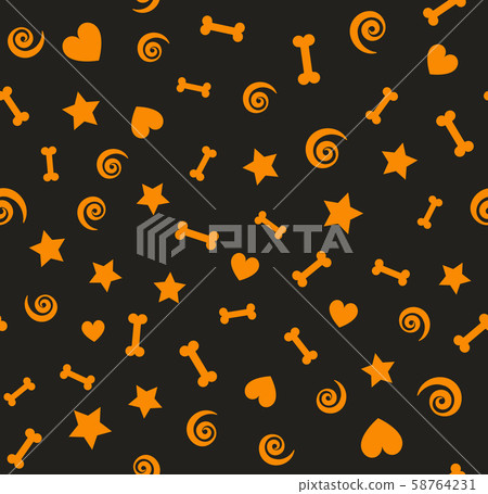 Orange pattern with bones, spirals, stars, hearts. Orange pattern with bones, spirals, stars, hearts. 58764231