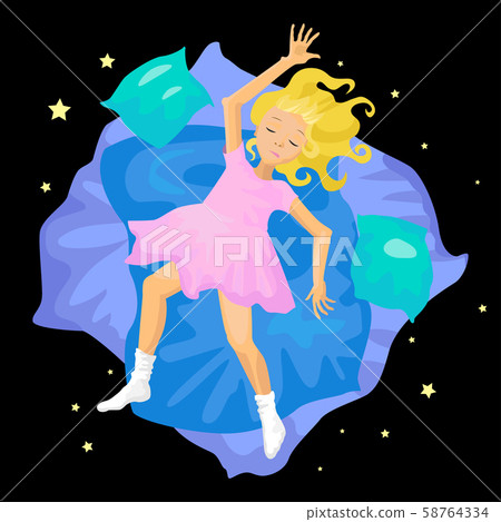 Blonde girl laying on the blue blanket. Vector illustration Blonde girl laying on the blue blanket. Vector illustration 58764334