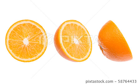 Sliced orange close-up. Three parts of an orange. 58764433