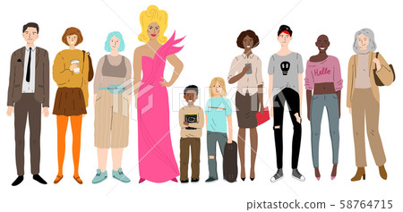 Young men, women and children standing together. Social diversity. 58764715