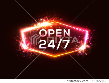 Open sign store 24 7. Retro neon sign Light letter Open sign store 24 7. Retro neon sign Light letter 58765382