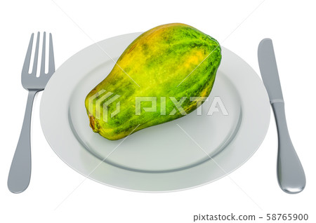 Papaya on plate with fork and knife, 3D rendering 58765900