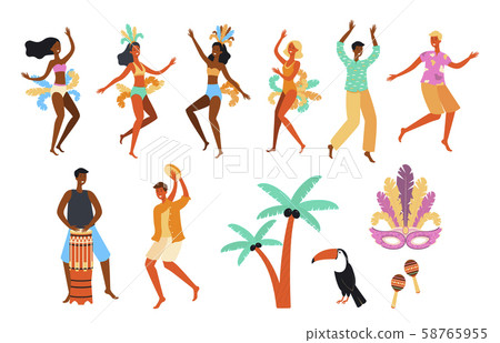 Brazilian carnival people dancing and playing music - isolated flat set of cartoon men 58765955