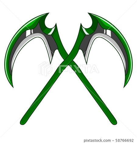 Crossed Cartoon Green Weapon Scythe. Vector Crossed Cartoon Green Weapon Scythe. Vector 58766692
