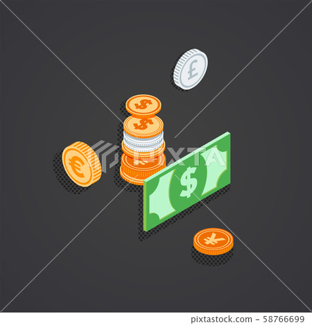 isometric coins bank note money illustration. isometric coins bank note money illustration. 58766699
