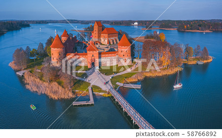 Beautiful drone landscape image of Trakai castle Beautiful drone landscape image of Trakai castle 58766892