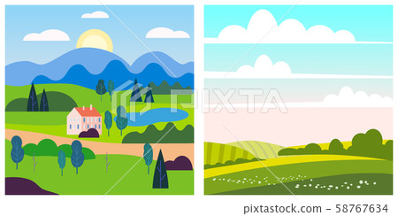 Set spring summer landscape rural countryside. Vector isolated minimal cartoon style, template baner Set spring summer landscape rural countryside. Vector isolated minimal cartoon style, template baner 58767634