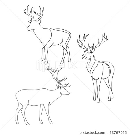 One line design silhouette of deer. Set of full height stags. Hand drawn single continuous line 58767933