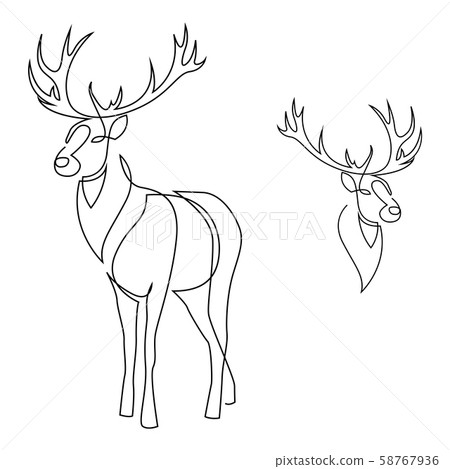 One line design silhouette of deer. Set of full height and head. Hand drawn single continuous line 58767936
