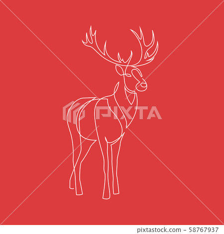 One continuous line drawing of Reindeer Christmas sign on red background. Full height deer. Vector 58767937