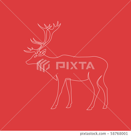 One continuous line drawing of Reindeer Christmas sign on red background. Full height deer. Vector 58768001